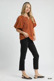 Umgee Textured Flutter Sleeve Notch Neck Top Rust | Blouses Daverri Fashions