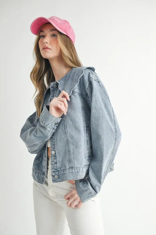 MABLE Scallop Peter Pan Collar Denim Jacket