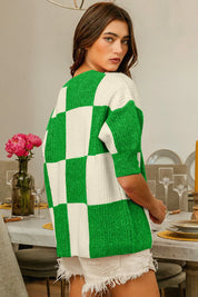 BiBi Checkered Contrast Round Neck Sweater | Sweaters Daverri Fashions
