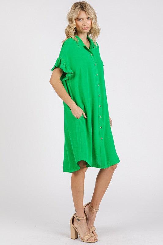 Mittoshop Button Down Flounce Sleeve Dress with Pockets - DAVERRI FASHIONS