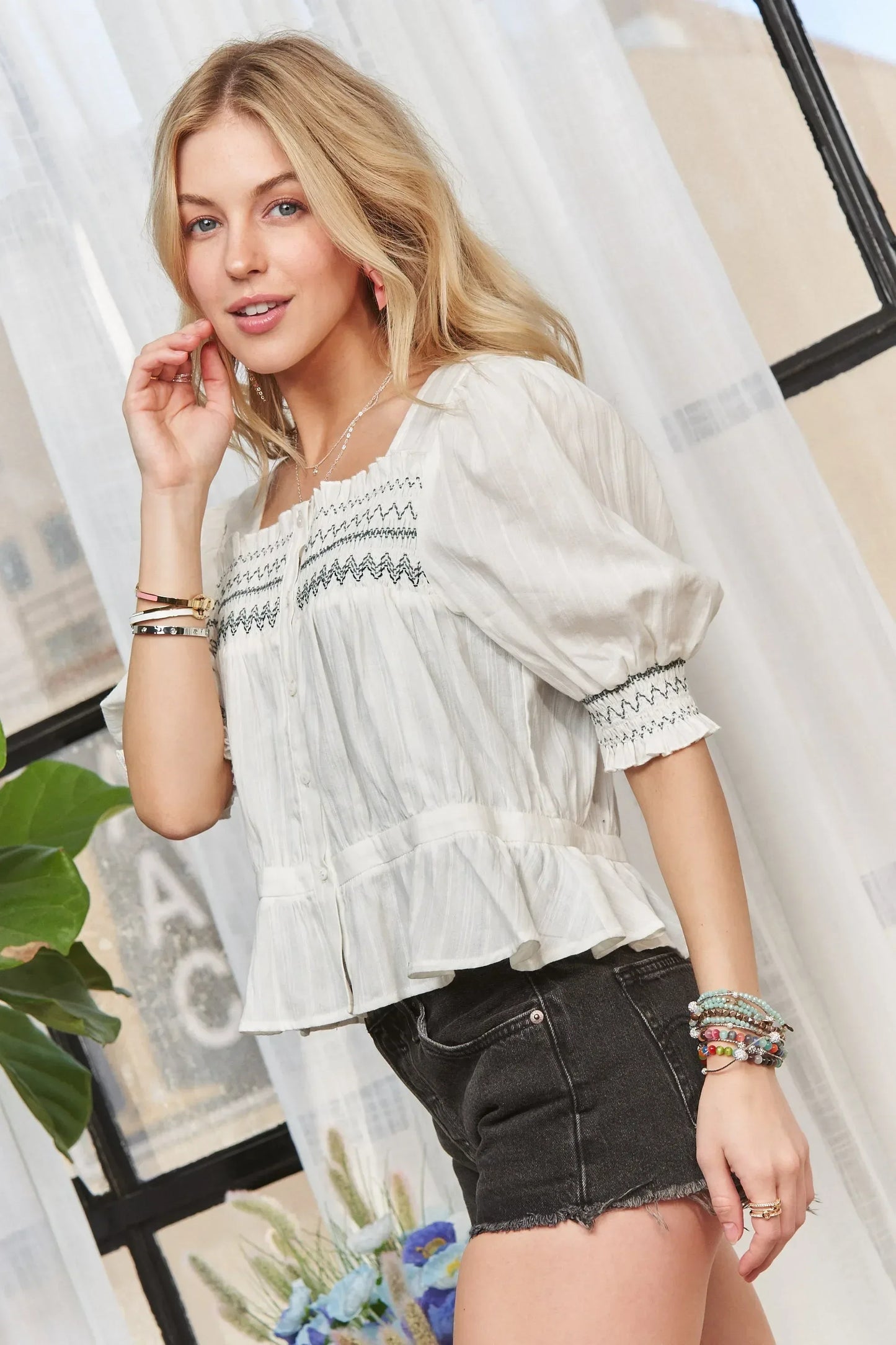 ADORA Smocked Puff Sleeve Peasant Blouse - DAVERRI FASHIONS