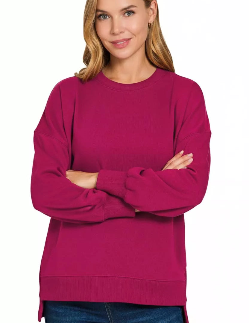 CABERNET Zenana Fleece Hi-low Boyfriend Sweatshirts with Pockets | Sweatshirts Daverri Fashions