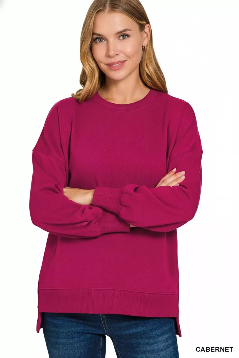 CABERNET Zenana Fleece Hi-low Boyfriend Sweatshirts with Pockets | Sweatshirts Daverri Fashions