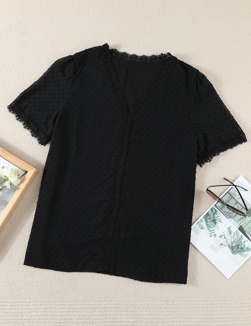 Black Plus Size Swiss Dot Spliced Lace V-Neck Blouse | Blouses Daverri Fashions