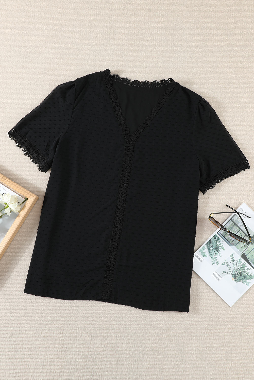 Black Plus Size Swiss Dot Spliced Lace V-Neck Blouse | Blouses Daverri Fashions