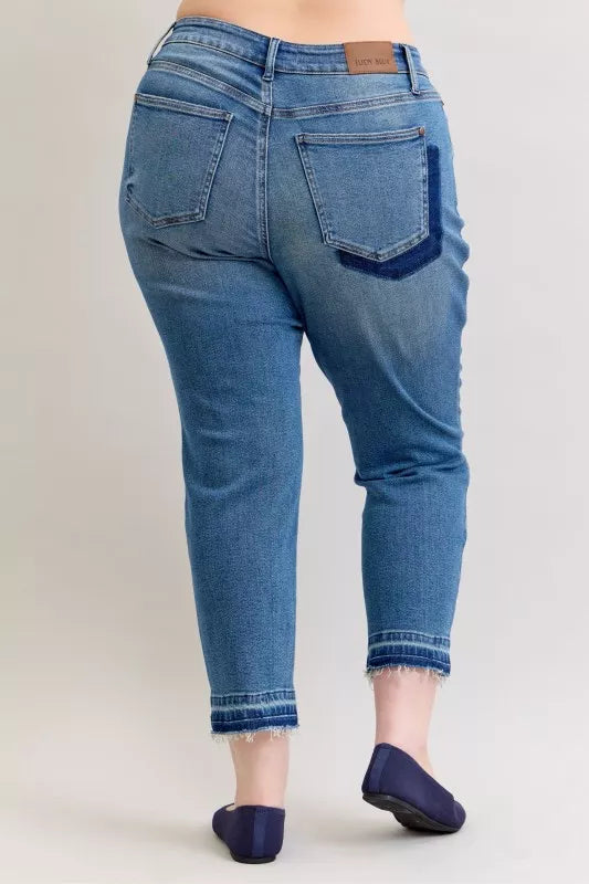 Judy Blue Full Size Mid Rise Bf Patch & Repair Destroy Release Hem Jeans Plus Size | Jeans Daverri Fashions
