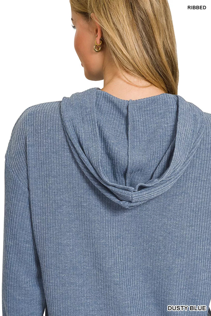 Drop Shoulder Ribbed Crop Hoodie Dusty Blue | Hoodies Daverri Fashions