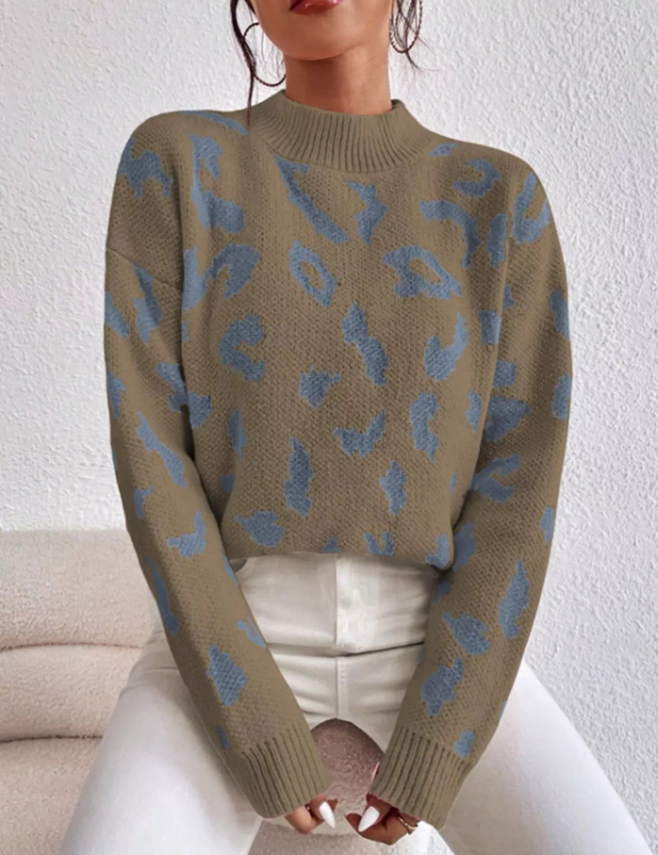 Olive green Leopard Mock Neck Sweater with blue leopard print knit
