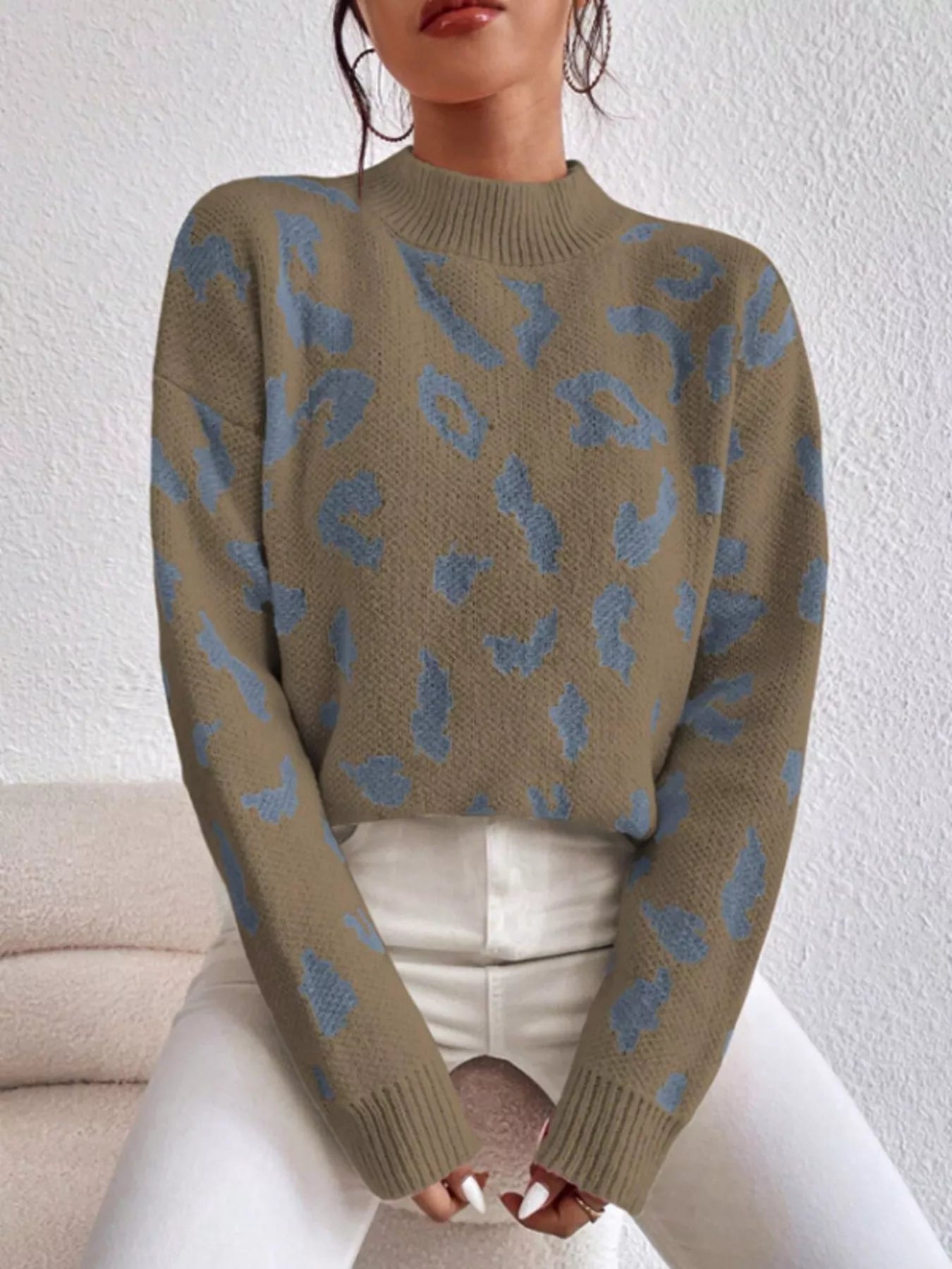 Olive green Leopard Mock Neck Sweater with blue leopard print knit
