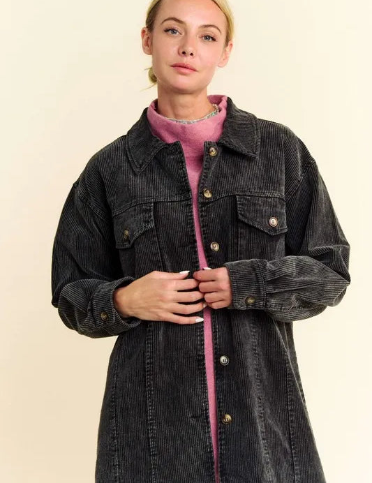 Black Davi & Dani Washed Corduroy Raw Hem Button Up Jacket | Daverri Fashions