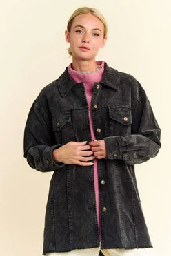 Davi & Dani Washed Corduroy Raw Hem Button Up Jacket - DAVERRI FASHIONS