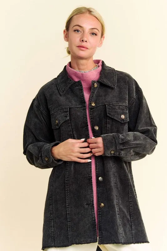 Davi & Dani Washed Corduroy Raw Hem Button Up Jacket Black
