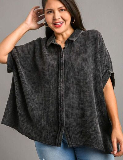 Umgee Full Size Cotton Gauze Mineral Wash Button Down Shirt Plus Size Shirts