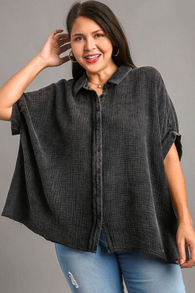 Umgee Full Size Cotton Gauze Mineral Wash Button Down Shirt Plus Size Shirts