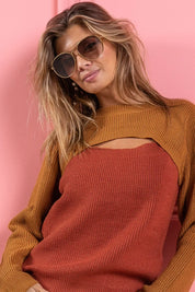 BiBi Color Block Sweater Knit Top With Cut Out Neck | Sweaters Daverri Fashions