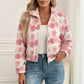 Pink floral patches fuzzy fleece zip-up jacket with cozy faux fur texture