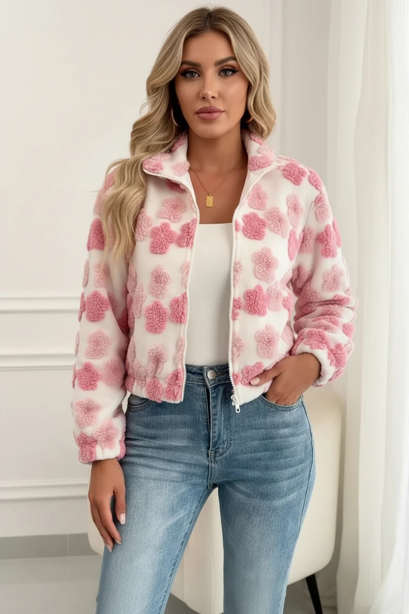Pink floral patches fuzzy fleece zip-up jacket with cozy faux fur texture