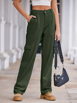 Daverri high-waisted olive green cargo jeans with pockets and straight-leg cut