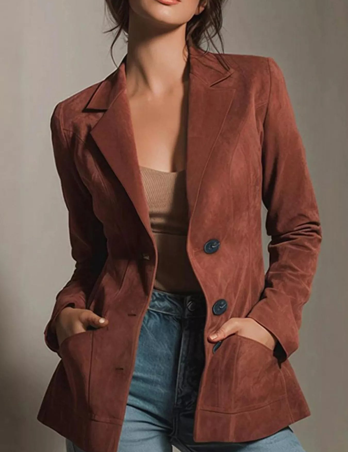 Rust-colored suede double-breasted blazer with notched lapels