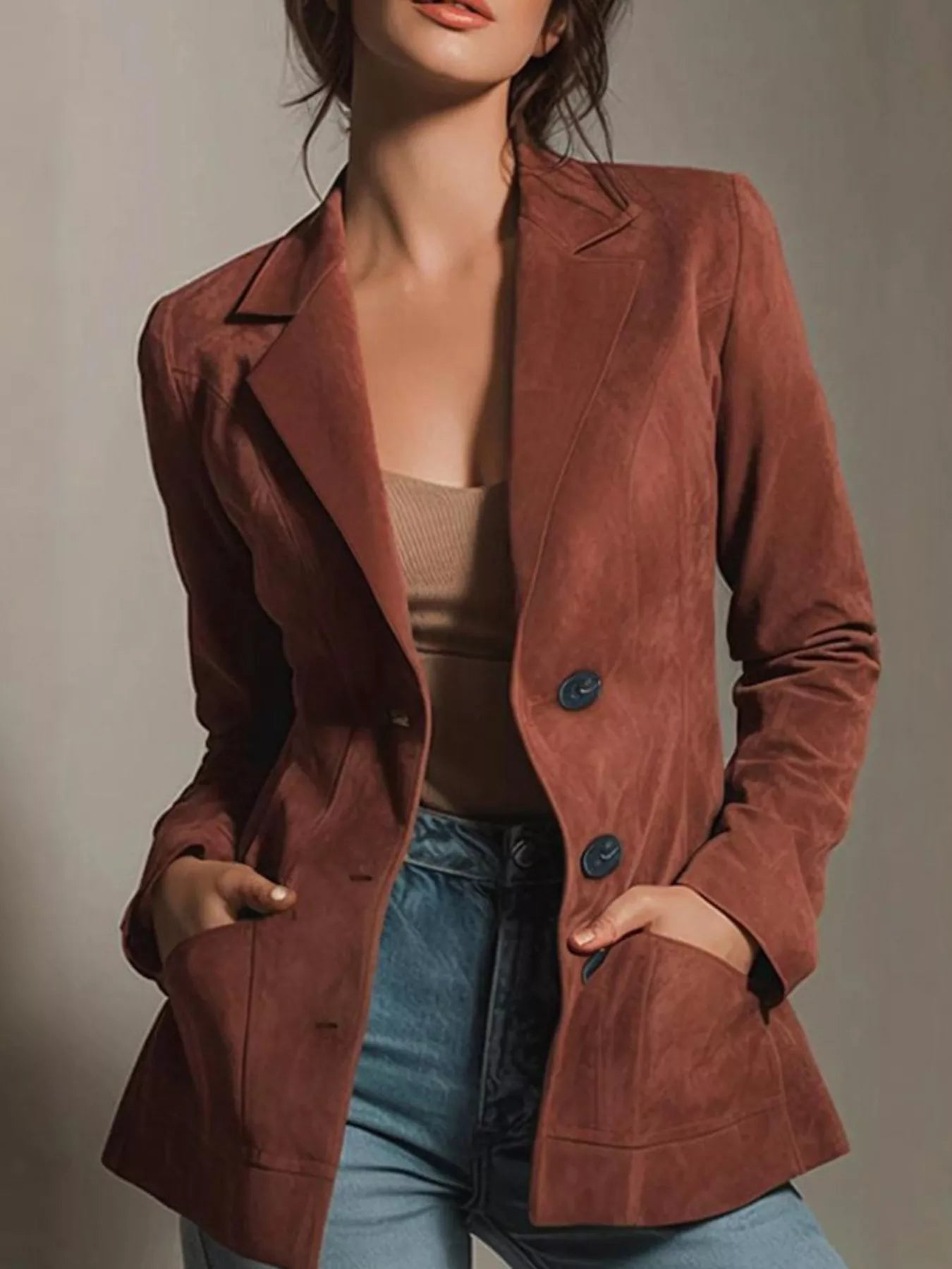 Rust-colored suede double-breasted blazer with notched lapels