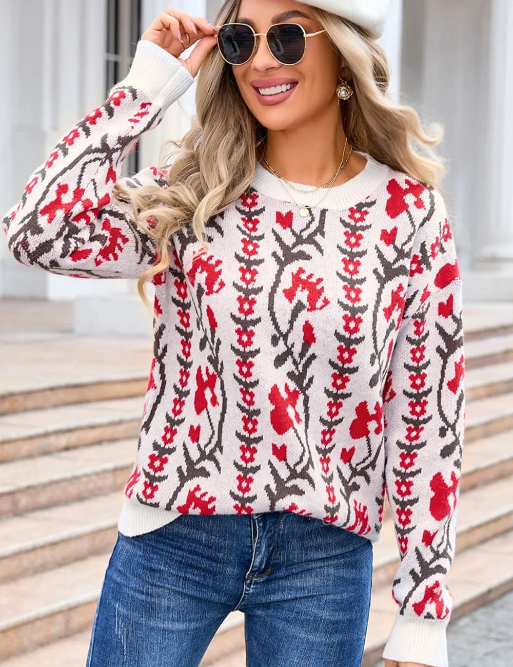 Scarlet Angel Wings Flower Round Neck Long Sleeve Sweater | Sweaters Daverri Fashions
