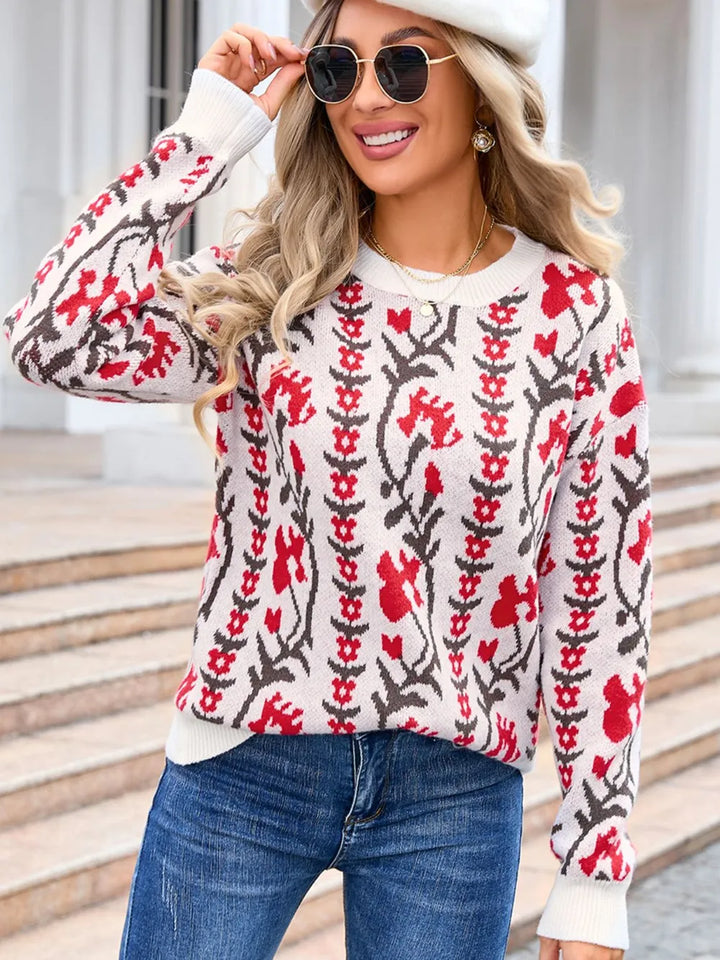 Scarlet Angel Wings Flower Round Neck Long Sleeve Sweater | Sweaters Daverri Fashions