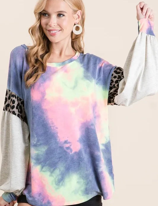 CHARCOAL TIE DYE BiBi Tie Dye Terry Top with Contrast Puff Sleeves | Tops Daverri Fashions