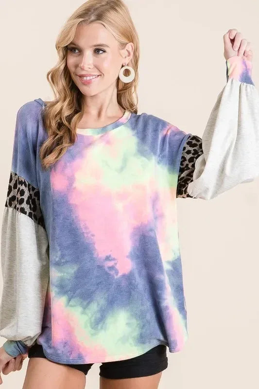 BiBi Tie Dye Terry Top with Contrast Puff Sleeves - DAVERRI FASHIONS