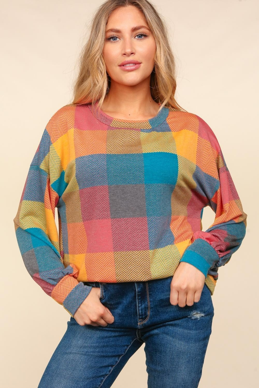 Haptics Round Neck Color Block Plaid Top Tops