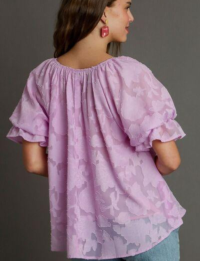 Umgee Full Size Jacquard Round Neck Ruffled Puff Sleeve Blouse Plus Size | Blouses Daverri Fashions