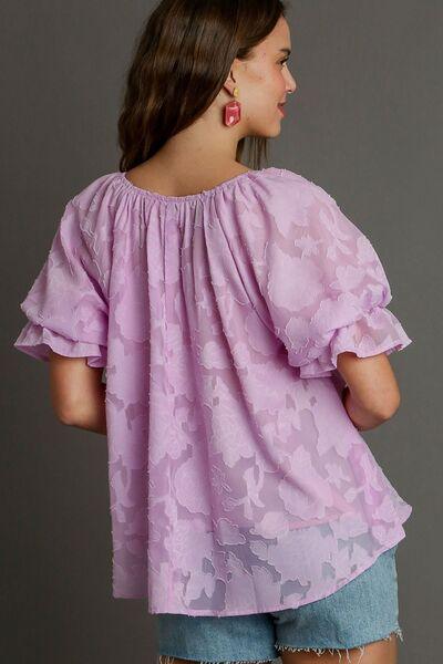 Umgee Full Size Jacquard Round Neck Ruffled Puff Sleeve Blouse Plus Size Blouses