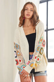 ADORA Full Size Contrast Crochet Open Front Long Sleeve Cardigan | Cardigans Daverri Fashions