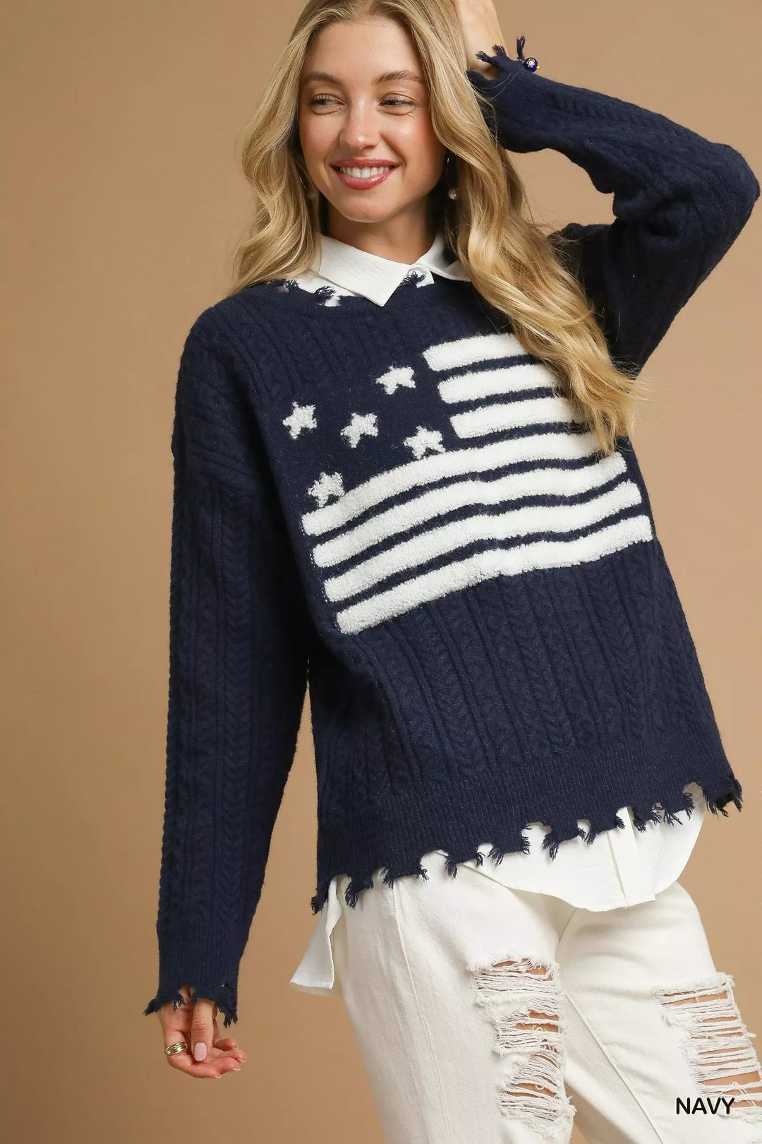 Umgee Distressed American Flag Sweater Navy | Daverri Fashions