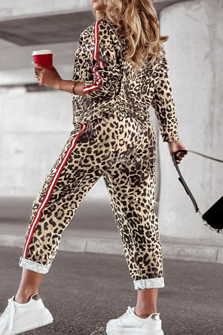 Plus Size Leopard Round Neck Top and Pants Set | Loungewear Sets Daverri Fashions