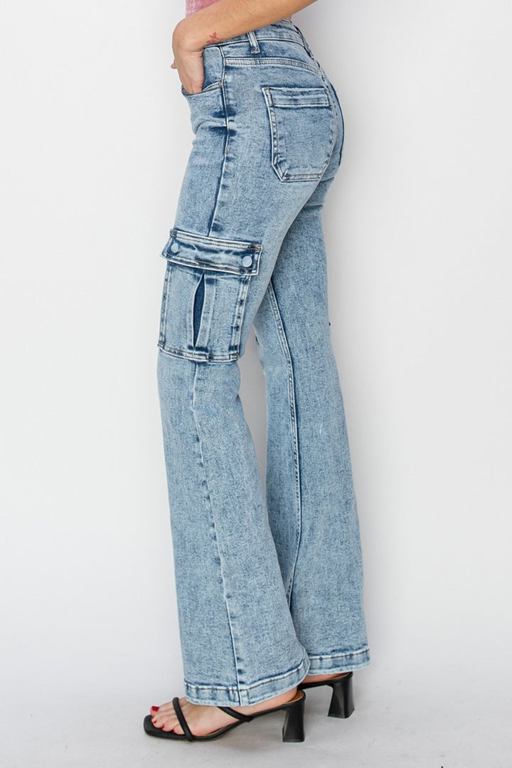 RISEN Full Size High Rise Cargo Flare Jeans Bottoms