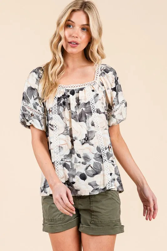 Lime 'N' Chili Floral Print Lace Trim Puff Sleeve Blouse