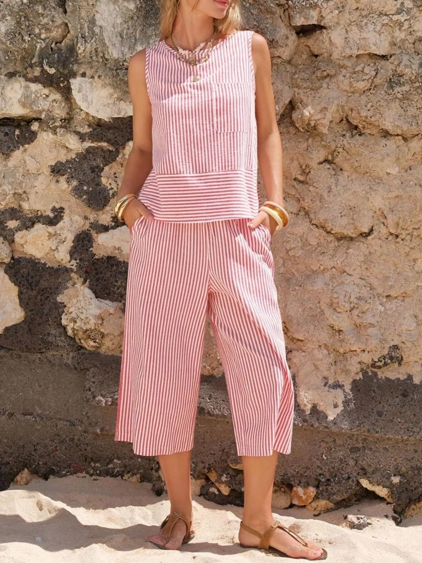 Daverri pink and white striped sleeveless top with fitted waistband