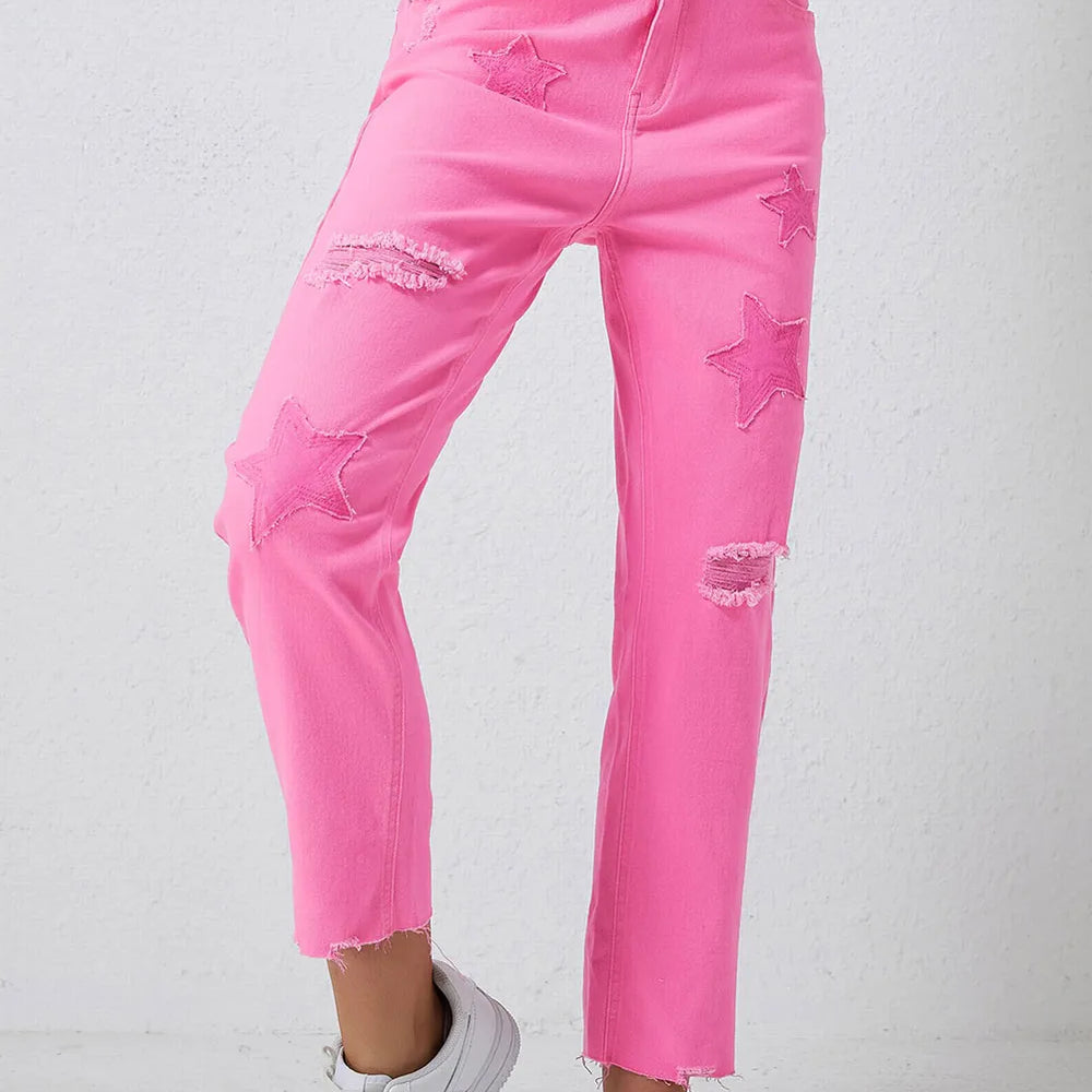 Pink Star Raw Hem Distressed Jeans | Jeans Daverri Fashions