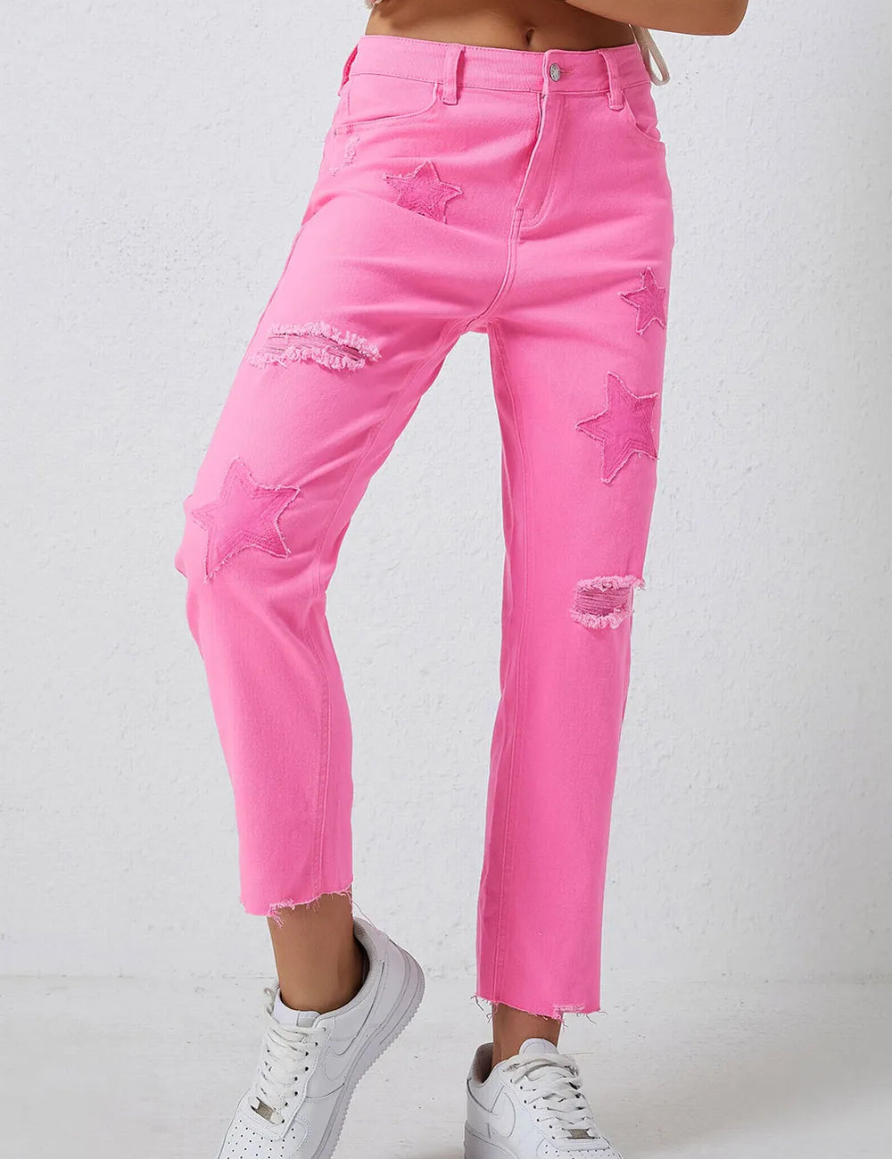 Pink Star Raw Hem Distressed Jeans | Jeans Daverri Fashions