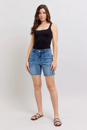 Judy Blue Full Size Mid Rise Bermudas Denim Shorts W/ Back Flap Pockets Plus Size | Denim Shorts Daverri Fashions