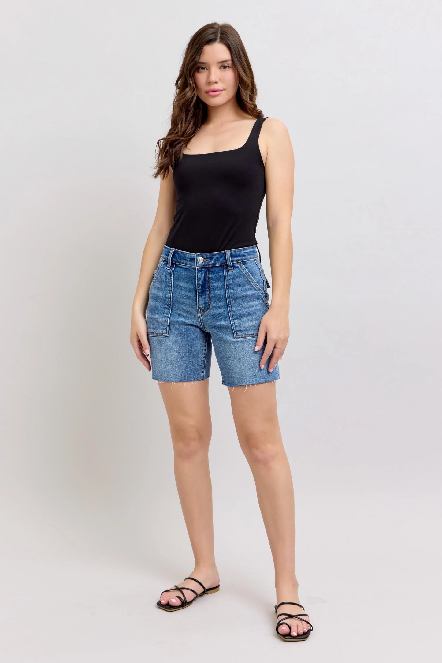 Judy Blue Full Size Mid Rise Bermudas Denim Shorts W/ Back Flap Pockets Plus Size Denim Shorts