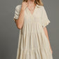Umgee Full Size Raw Hem Folded Sleeve Tiered Dress Plus Size OATMEAL 1XL
