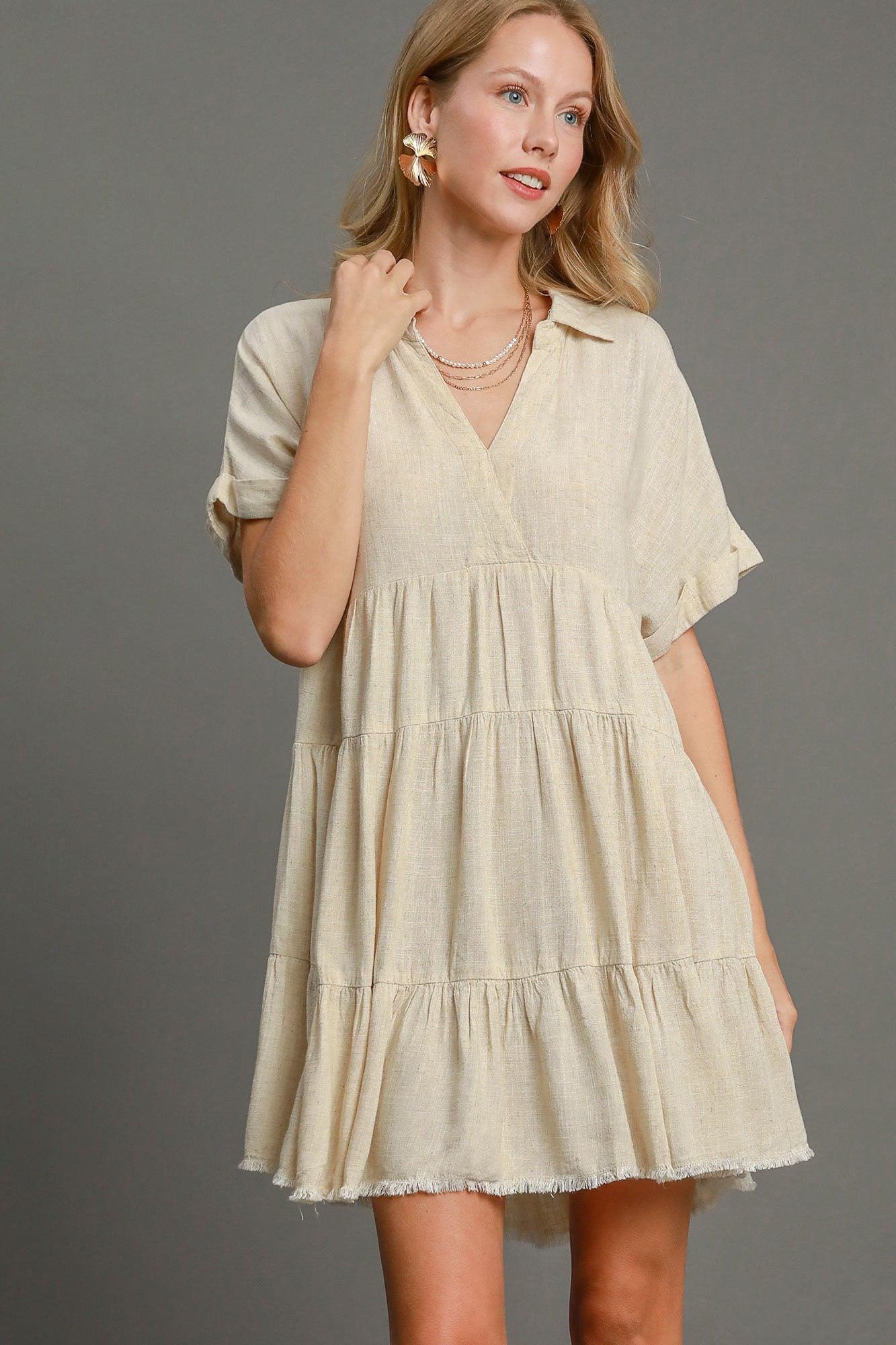 Umgee Full Size Raw Hem Folded Sleeve Tiered Dress Plus Size OATMEAL 1XL