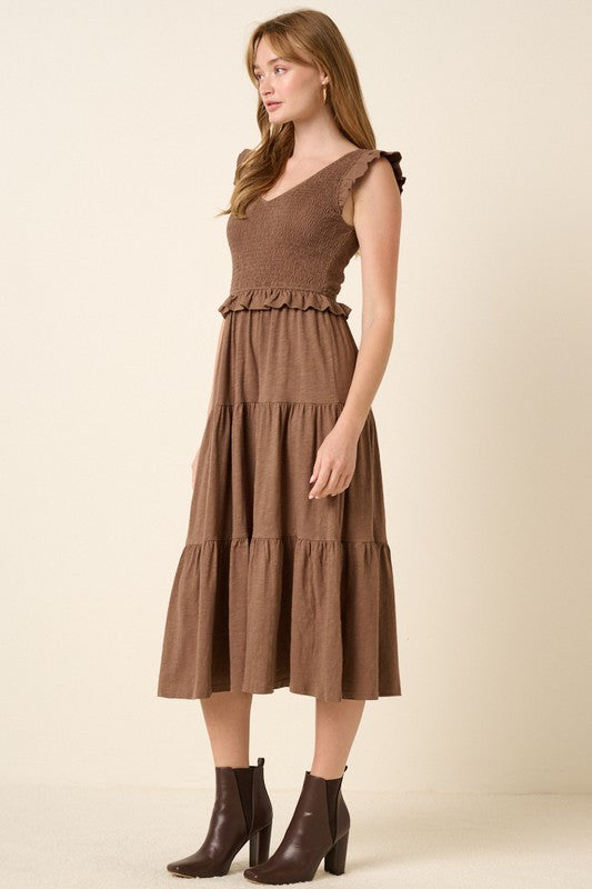 Mittoshop Brown Smocked Ruffled Tiered Midi Dress Mid Dresses