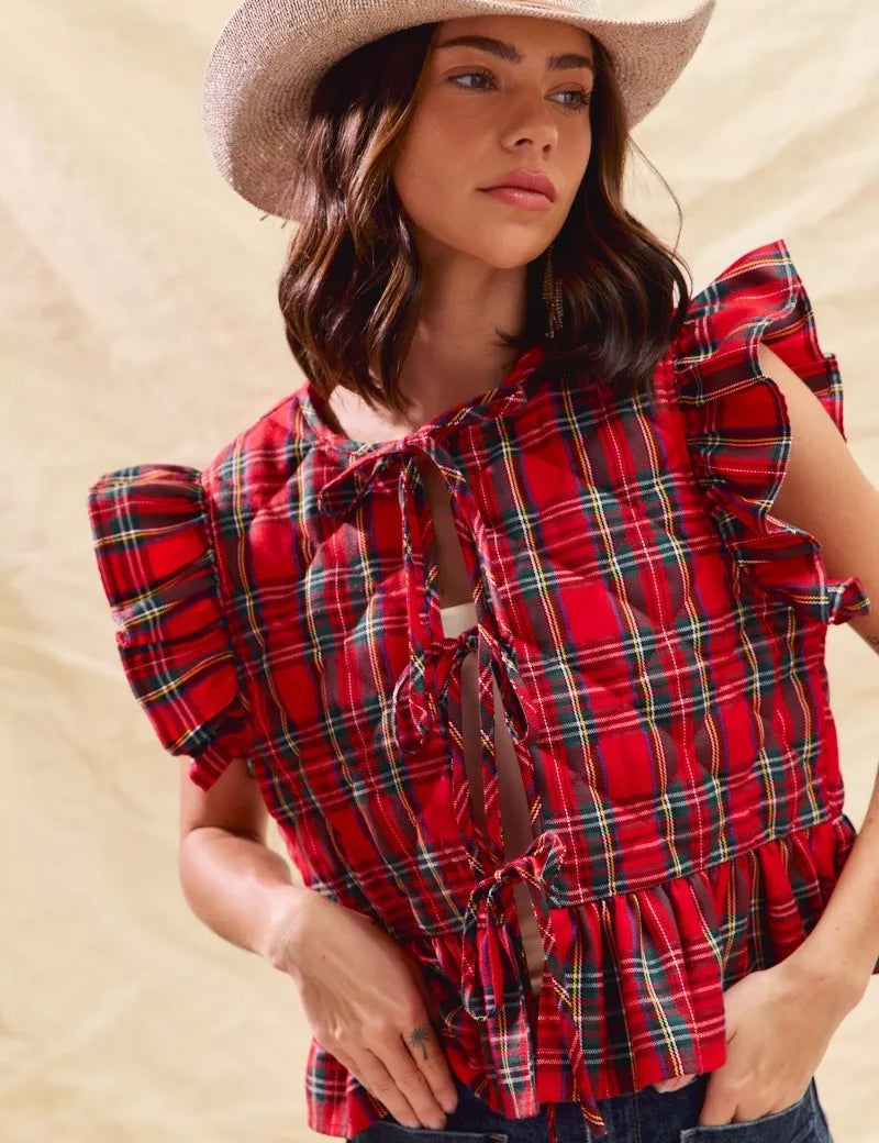 SO ME Christmas Holiday Plaid Ruffled Quilt Vest Top | Vest Tops Daverri Fashions