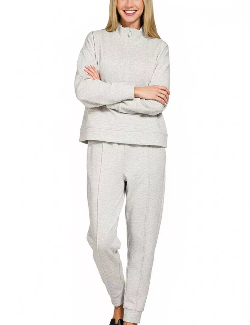 Zenana grey scuba half zip pullover and high waist jogger set