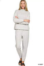 Zenana grey scuba half zip pullover and high waist jogger set