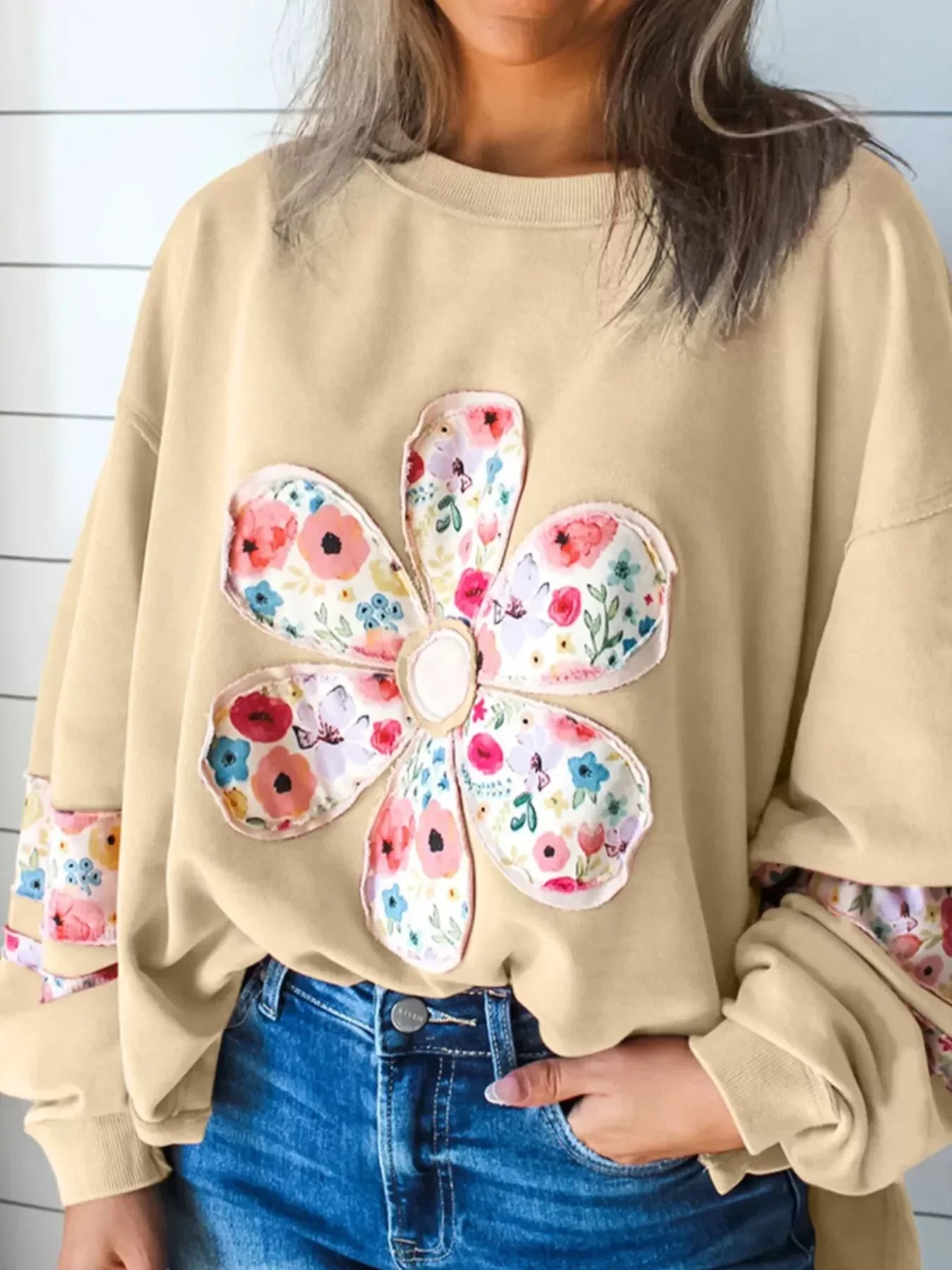 Oversized Floral Applique Drop Shoulder Sweatshirt - DAVERRI FASHIONS