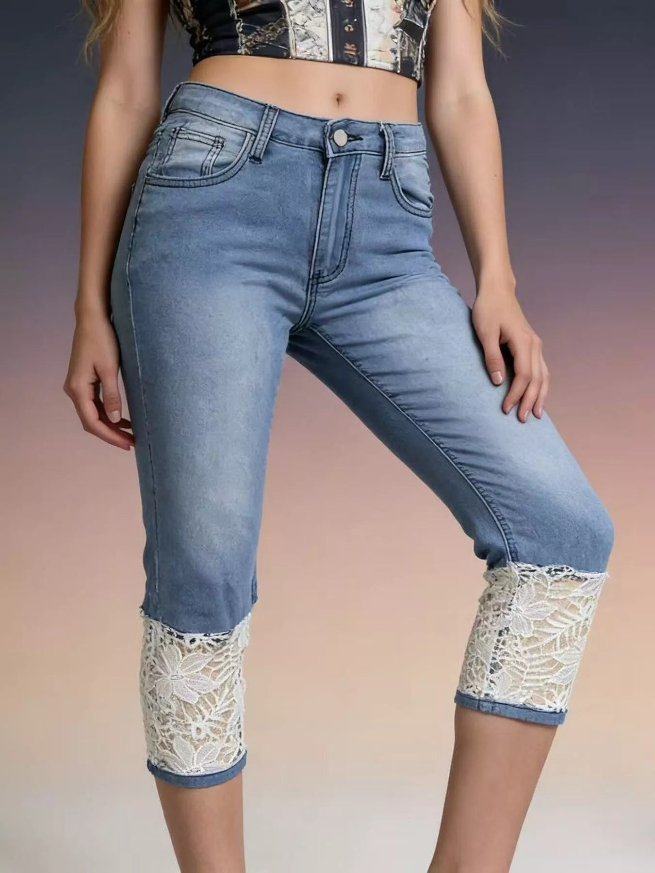 Daverri plus size lace trimmed light-wash capri jeans back view