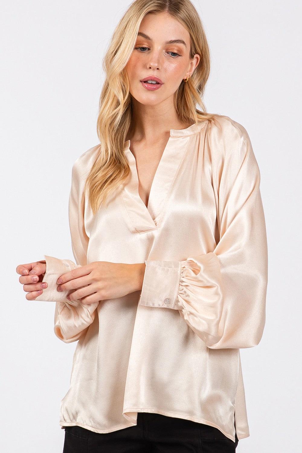SAGE + FIG Notched Long Sleeve Blouse Blouses